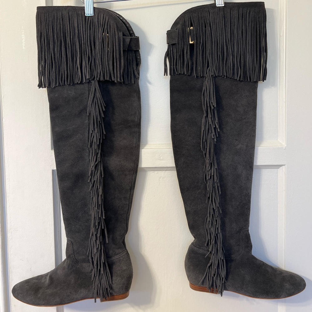 SALE‼️Joie Grey Perfect Thigh High Fringe Boots w/Dust Bag. NEVER WORN